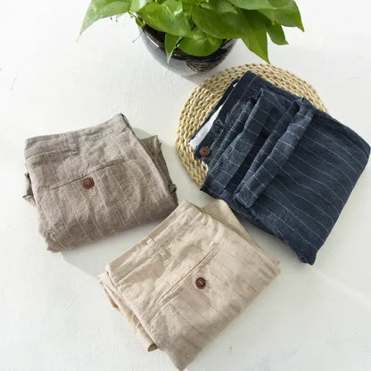 Shorts Linho Masculino Listrado - Fecho Botão